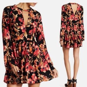 Free People Black Floral Keyhole Long Sleeve Mini Dress Size 2